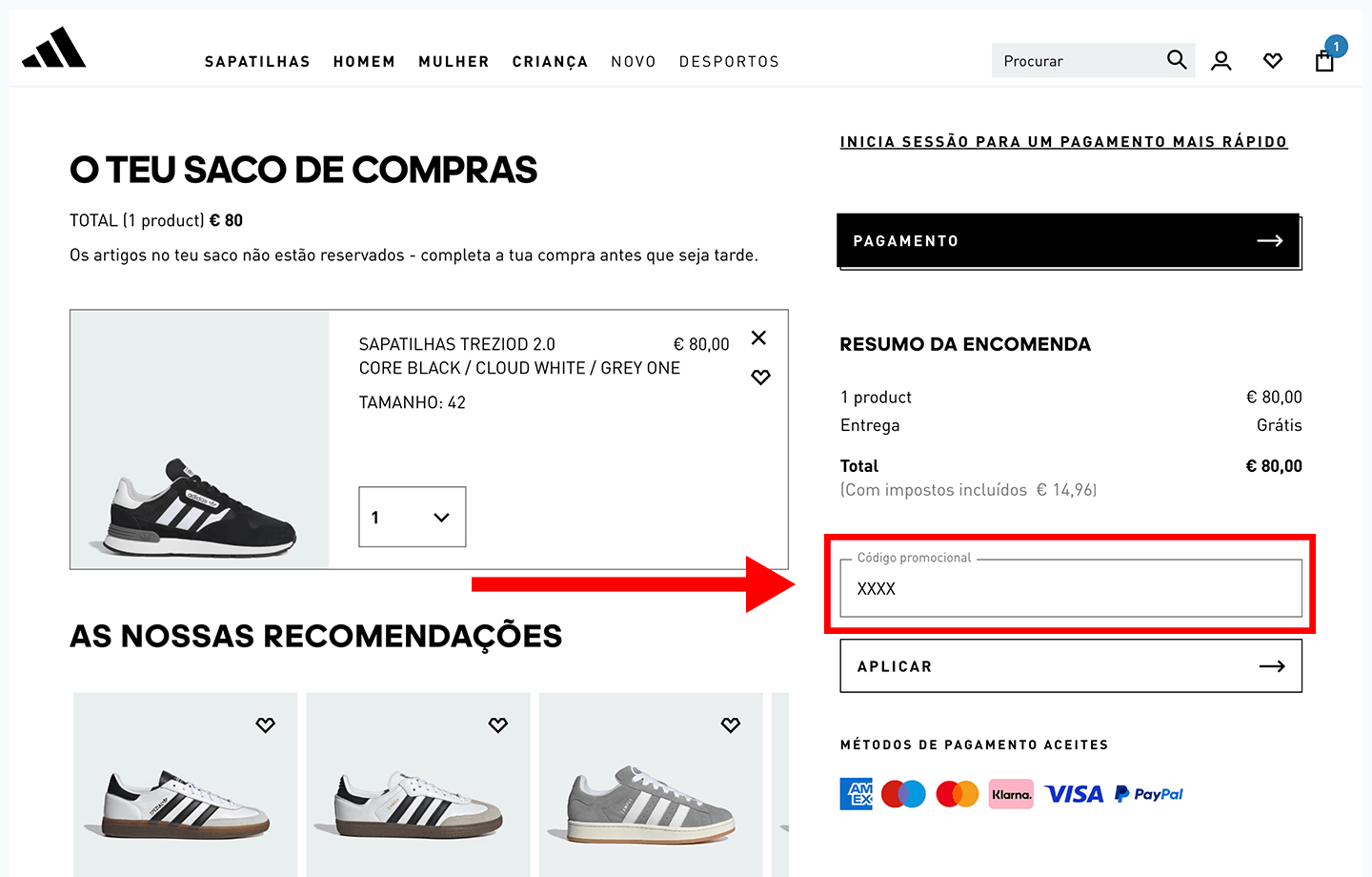 adidas, passo 3: insira o código