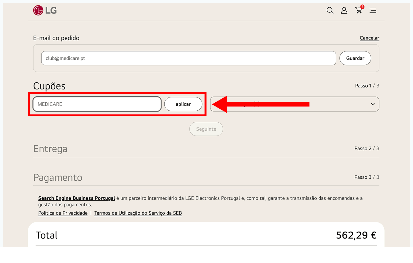 lg, passo 3: insira o código